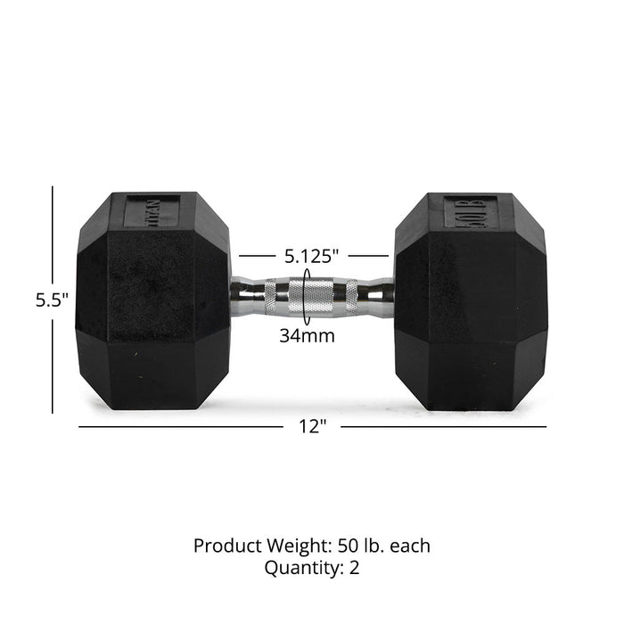 50 LB Pair Rubber Hex Dumbbells