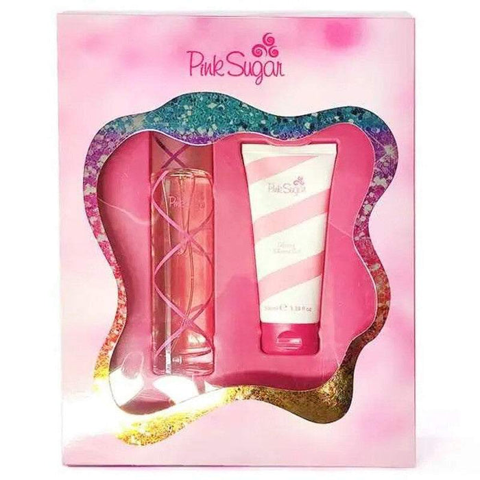 Aquolina Pink Sugar gift set in a pink box with a perfume spray and striped shower gel tube
