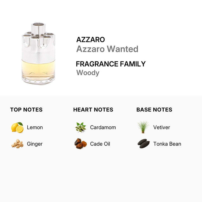 Azzaro Wanted Eau de Toilette shown as a clear glass bottle with pale amber liquid, silver cap and woody fragrance notes.