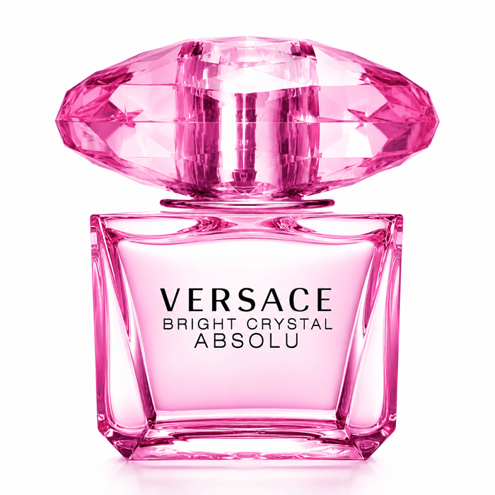 Versace Bright Crystal Absolu pink glass perfume bottle with a faceted jewel-shaped cap and clear geometric flacon