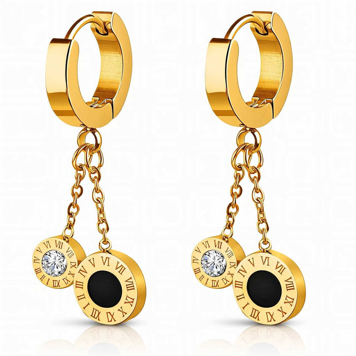 Cubic Zirconia Hoop Earrings in polished gold-tone metal with dangling Roman numeral charms and clear stone accents