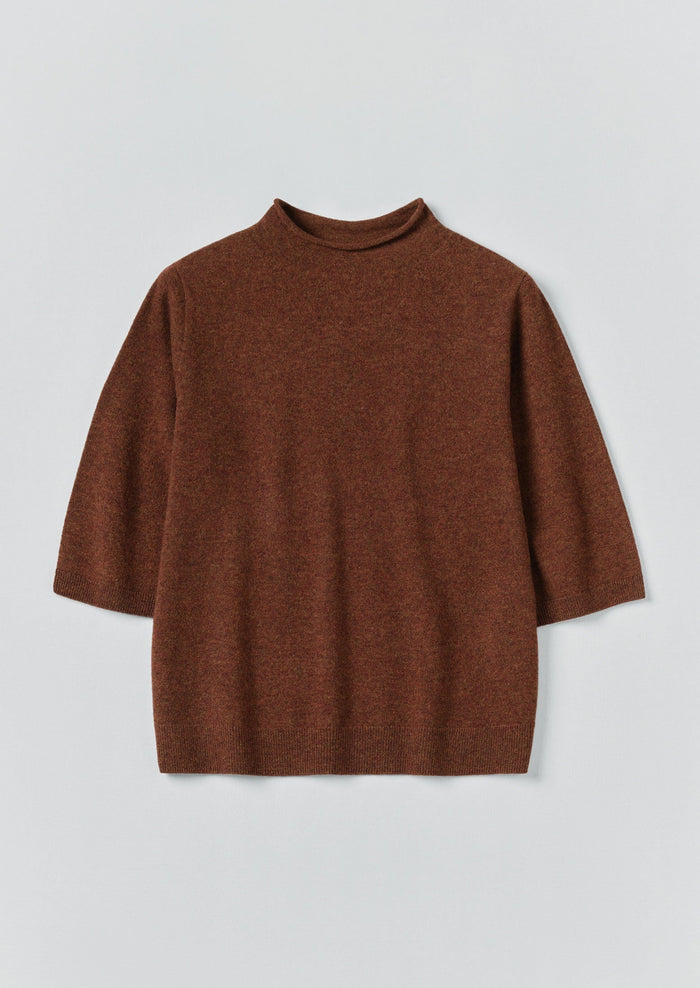 Fine Wool Cashmere Half Sleeve Sweater | Pecan