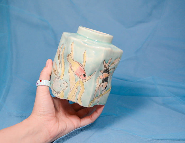 Fish and Birds Hexagon Vase