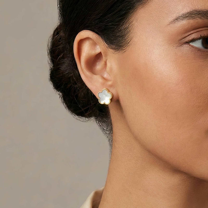 Flower Stud Earrings Style 2 in a white four-petal flower design with a gold-tone metal border