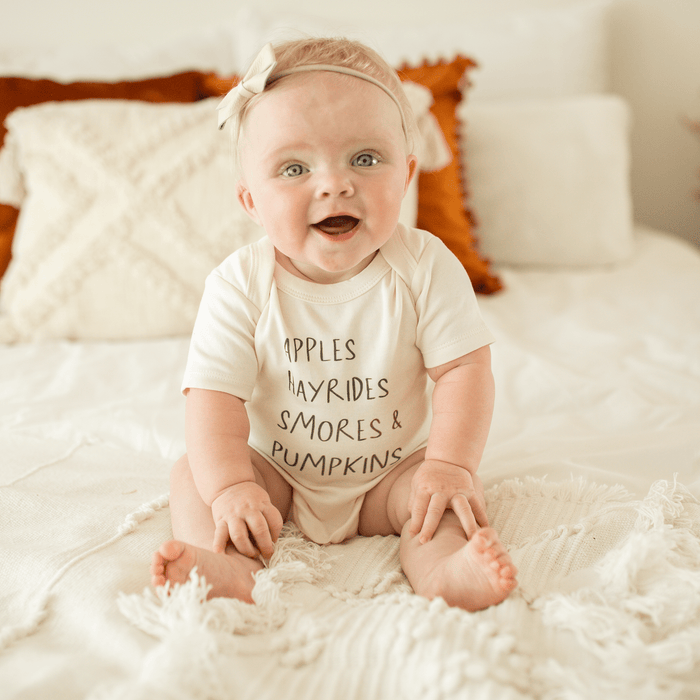 Baby graphic bodysuit | apples hayrides smores finn + emma