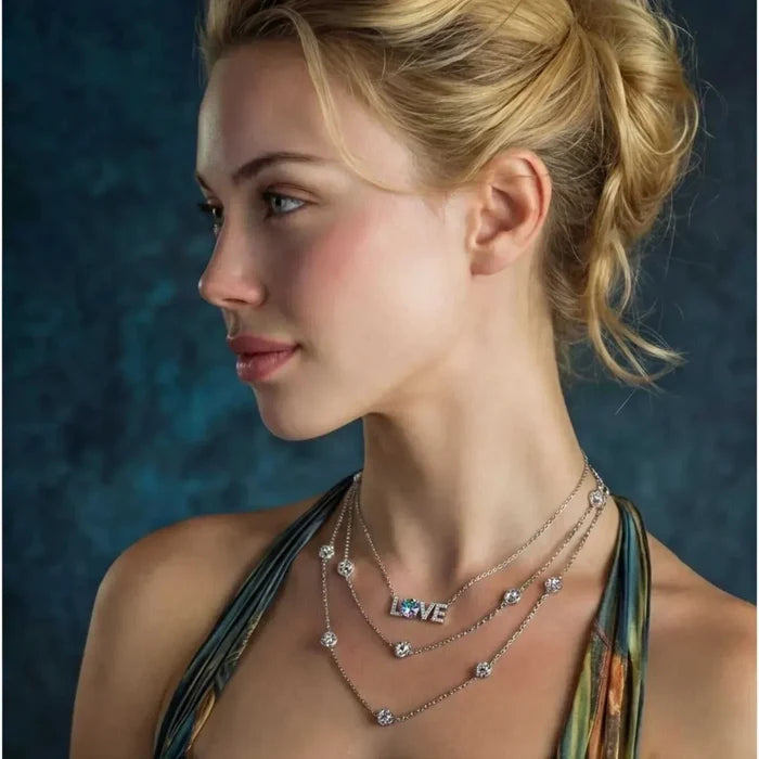 LOVE Moissanite Necklace in silver-toned metal with a small pavé LOVE pendant and delicate layered chains