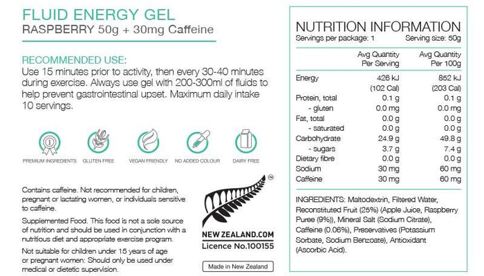 PURE Fluid Energy Gels - Raspberry With Caffeine 50G