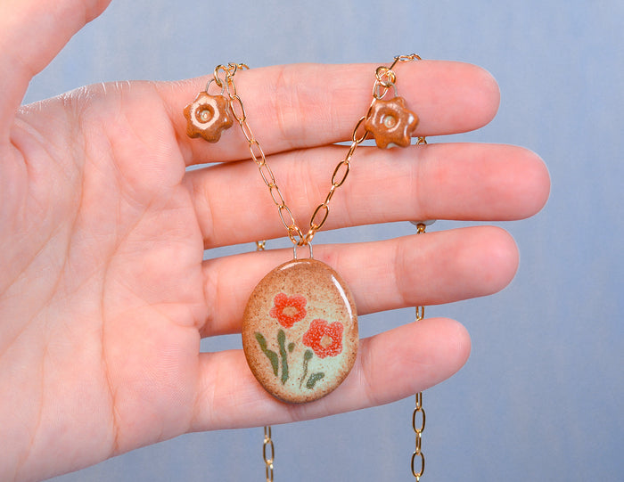 Red Daisies Oval Necklace
