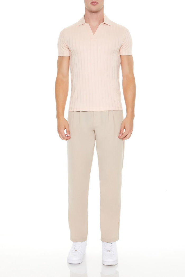 Ribbed Open V-Neck Polo Shirt