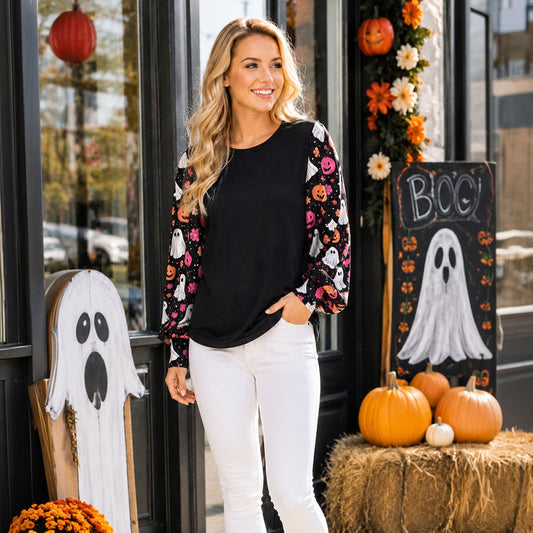 50322 – Halloween Ghost Print Balloon Sleeve Top