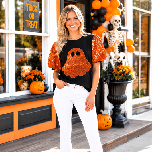 50323 – Halloween Sequin Ghost Puff Sleeve Top