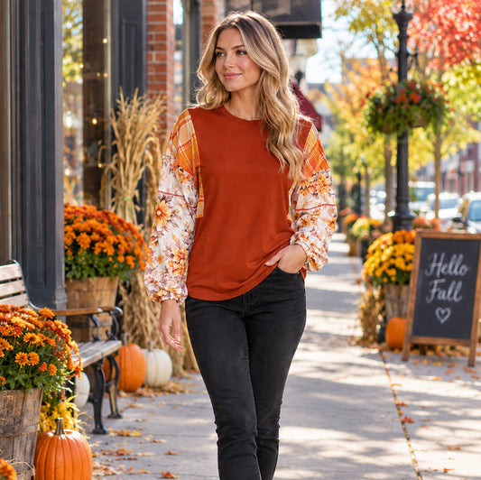 50336 – Floral and Plaid Long Sleeve Top