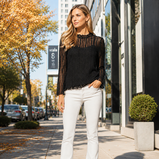 50387 – Lace Mock Neck Long Sleeve Sheer Top