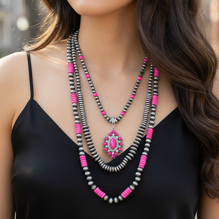 92390 - Layered Western Necklace - Fuchsia
