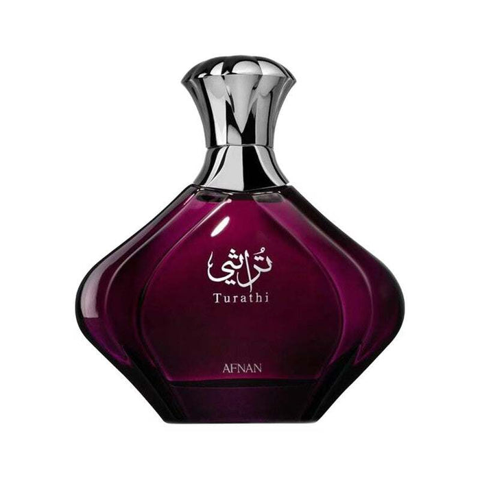 Afnan Turathi Purple Eau de Parfum in a deep purple glass bottle with a sculpted shape and silver-tone cap.