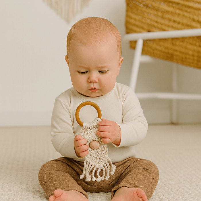 Baby all-in-one toy | macrame mesh & bead finn + emma