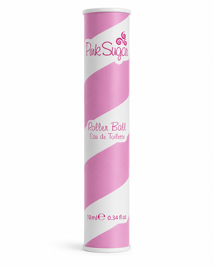 Aquolina Pink Sugar EDT Rollerball in a pink and white spiral-striped cylindrical tube with a slim 10 ml roll-on design