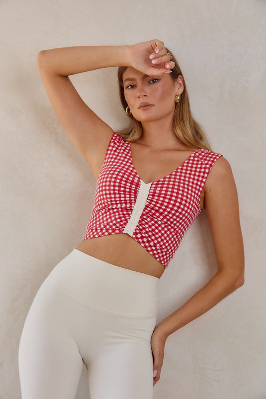 Astoria LUXE BALANCE Ruched V-Neck Crop - Red Gingham