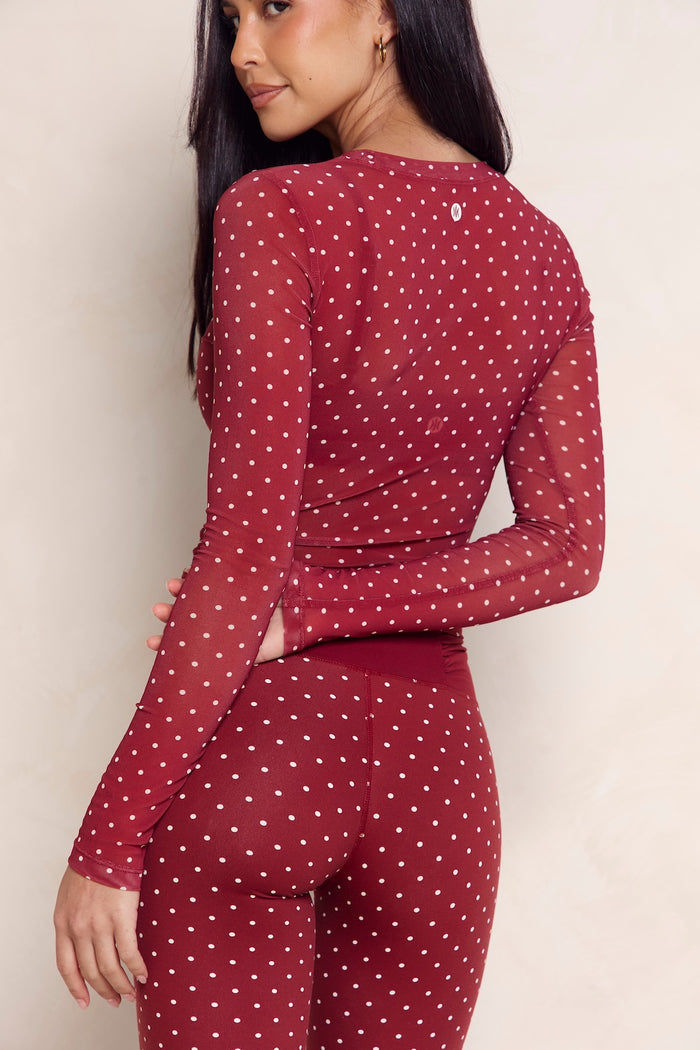 Astoria Mesh Long Sleeve Top - Merlot Polka