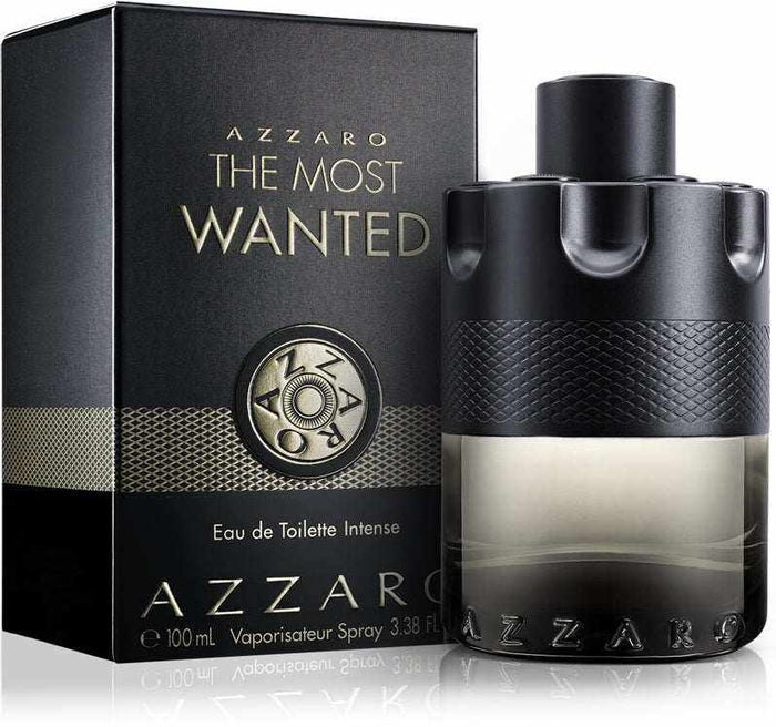 Azzaro Most Wanted men's Eau de Toilette Intense in a black textured glass spray bottle with matching box and silver-toned band.