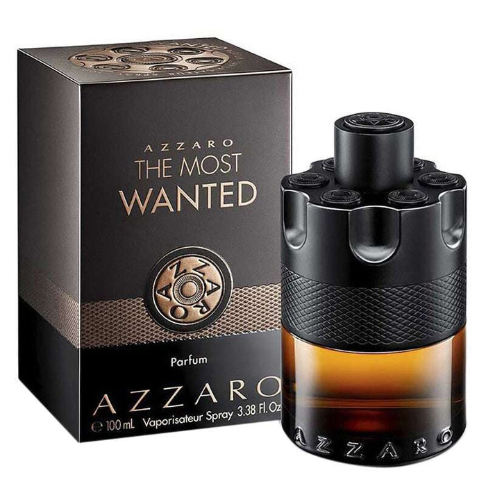 Azzaro The Most Wanted Parfum in a dark glass spray bottle with amber liquid, textured black cap, and matching box