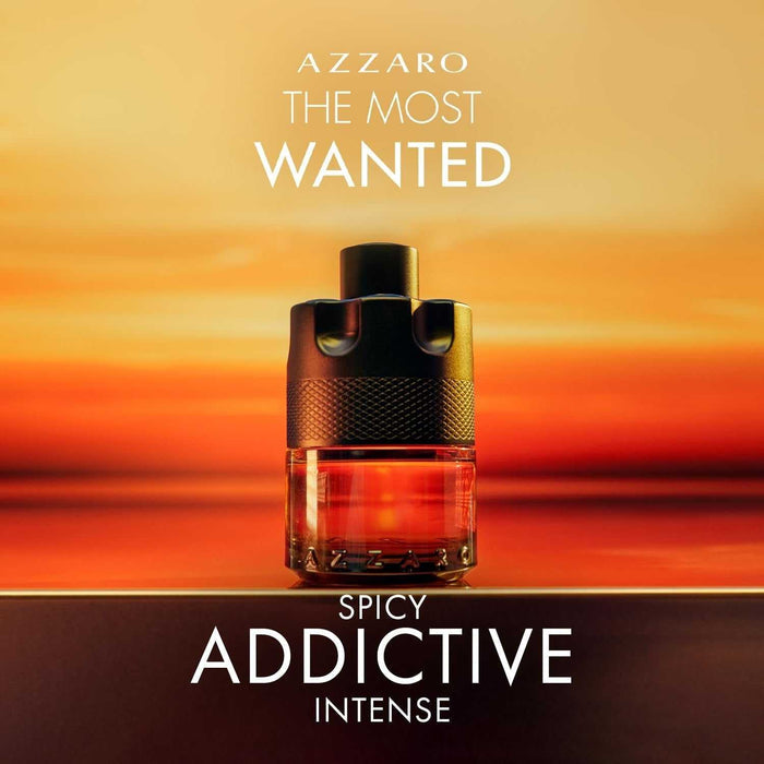 Azzaro The Most Wanted Parfum in a clear amber glass bottle with a black textured cap and cylindrical spray top