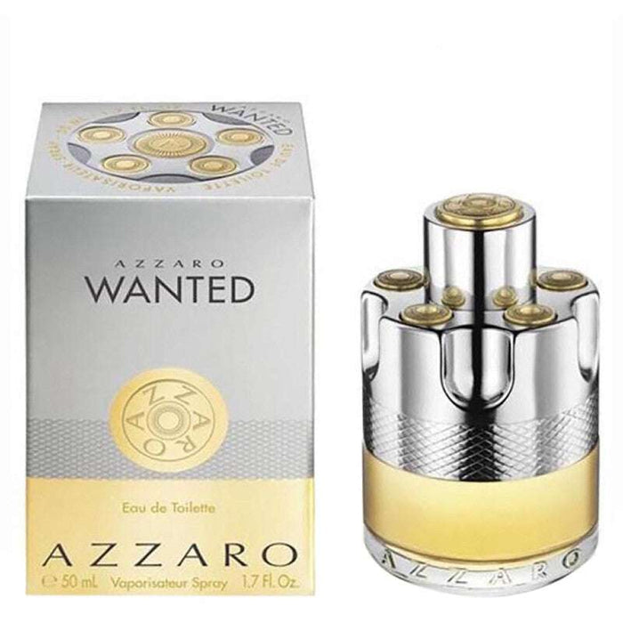 Azzaro Wanted Eau de Toilette in a silver and gold cylindrical spray bottle with matching silver and gold box