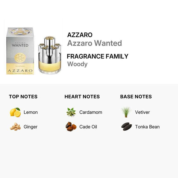 Azzaro Wanted Eau de Toilette fragrance set with a clear glass bottle, silver metal cap, pale gold liquid and matching box