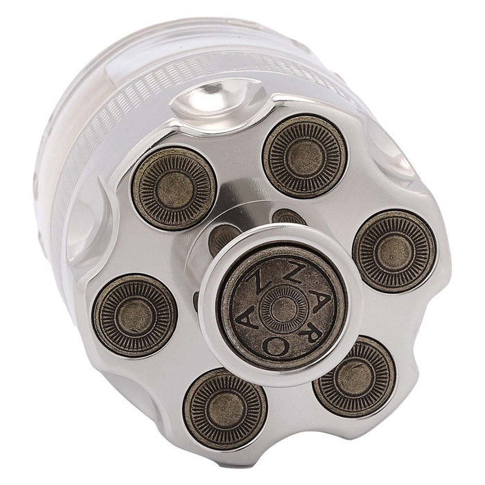 Azzaro Wanted Eau de Toilette in a clear glass bottle with a silver revolver-cylinder cap and bronze-toned details