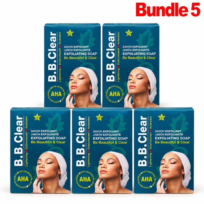B.B Clear Clarifying & Exfoliating Soap 190g in branded packaging, a cleansing beauty bar designed to remove impurities and dead skin cells while promoting smoother, brighter, and more even-looking skin.