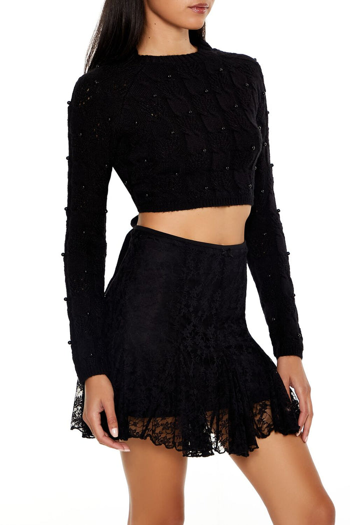 Beaded Cropped Cable Knit Sweater