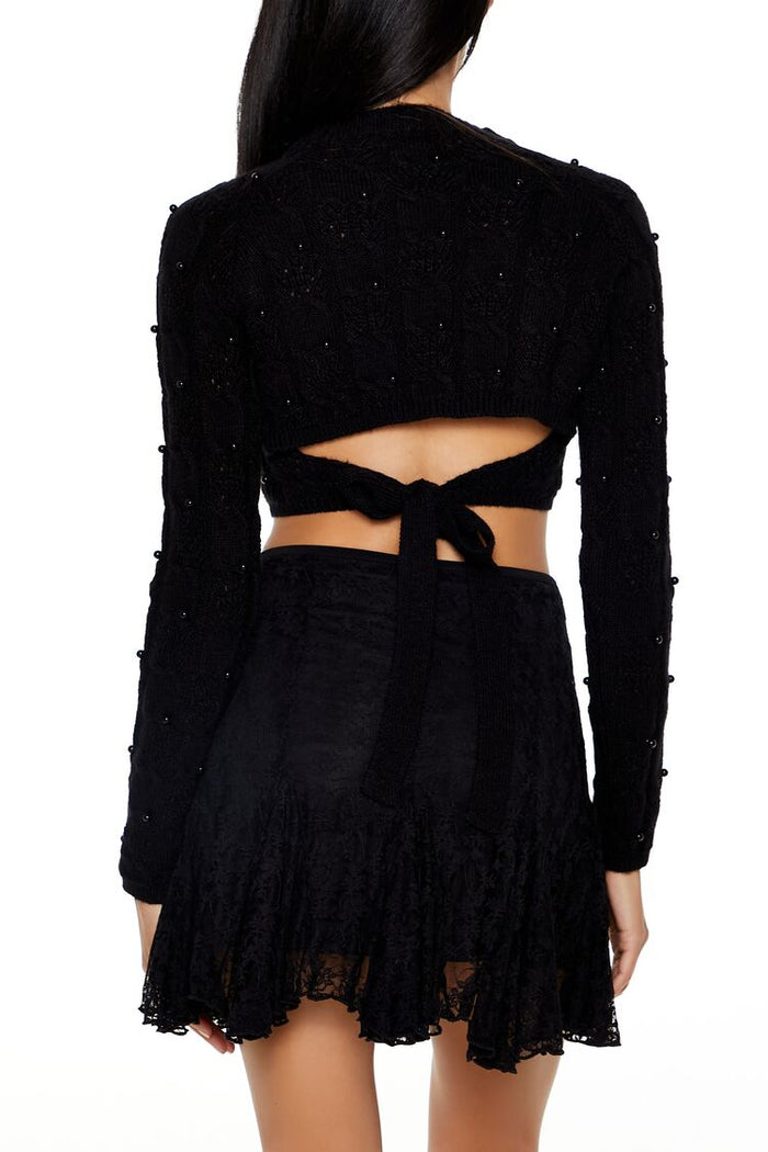 Beaded Cropped Cable Knit Sweater