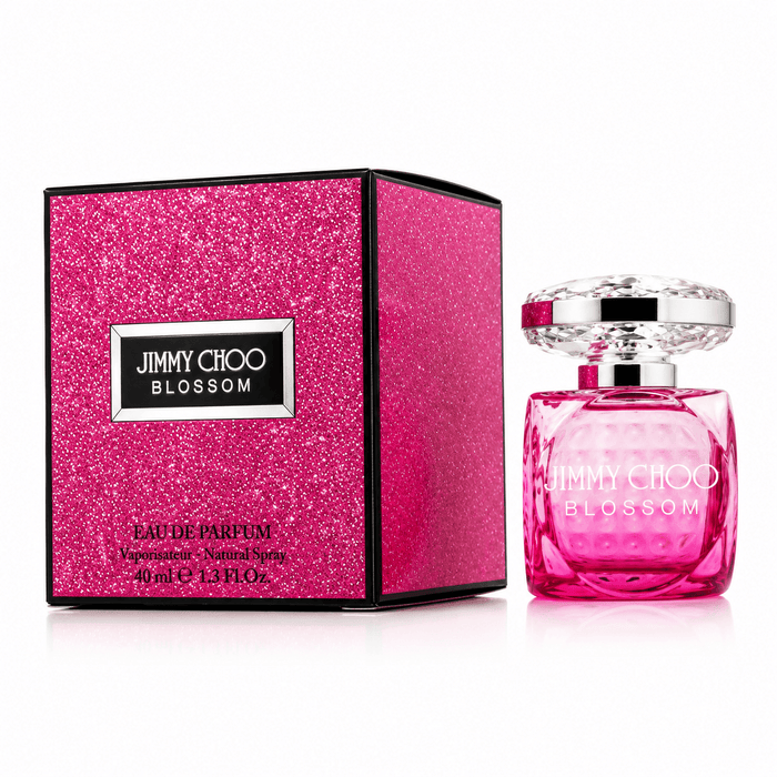 Jimmy Choo Blossom EDP Women perfume in a transparent pink glass bottle with a faceted silver cap and glittery pink box