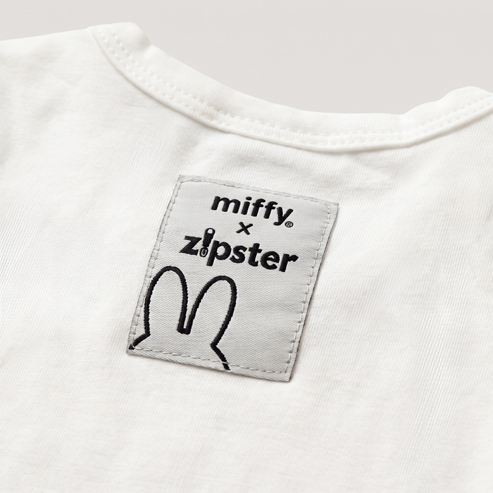 Miffy x Zipster woven label on the Retro Miffy pop-art bamboo baby bodysuit