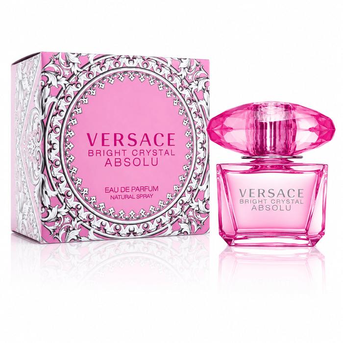 Versace Bright Crystal Absolu perfume in a clear pink glass bottle with a faceted cap and ornate pink patterned box