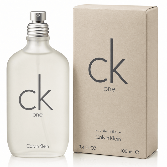 Calvin Klein CK One EDT Unisex eau de toilette spray with a frosted glass bottle and beige box, 100 ml