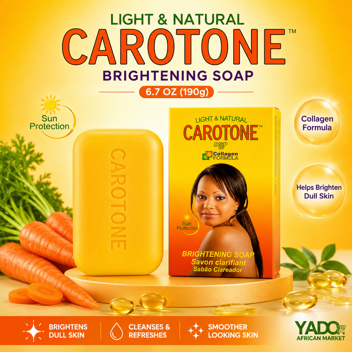 Carotone brightening soap with packaging on a yellow background