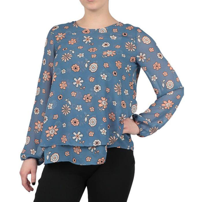 Chiffon Double Layer Long Sleeve With Keyhole Back Blouse