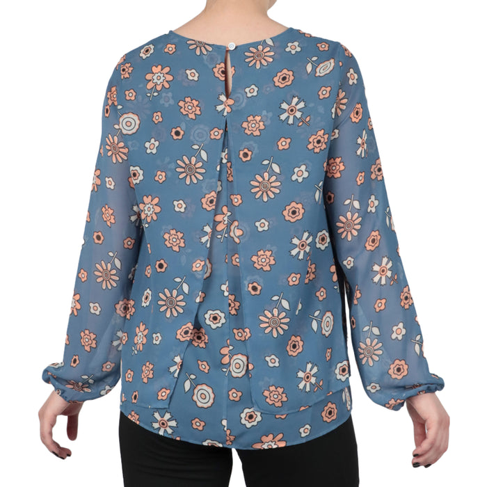 Chiffon Double Layer Long Sleeve With Keyhole Back Blouse