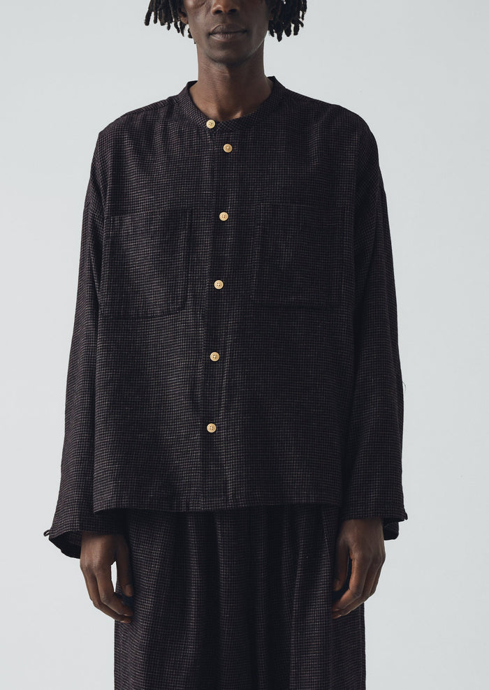 Cotton Cashmere Check Grandad Shirt | Black/Ecru