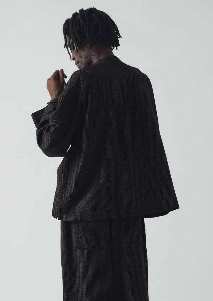 Cotton Cashmere Check Grandad Shirt | Black/Ecru