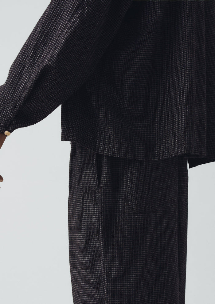 Cotton Cashmere Check Grandad Shirt | Black/Ecru