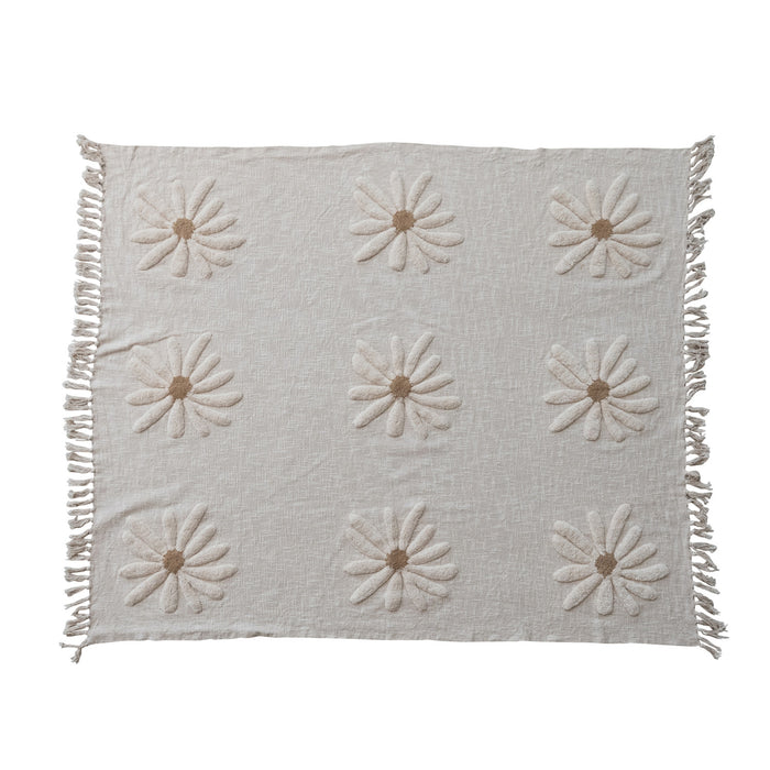 Cotton Slub Throw with Tufted Flowers & Fringe, Natural & Tan Color