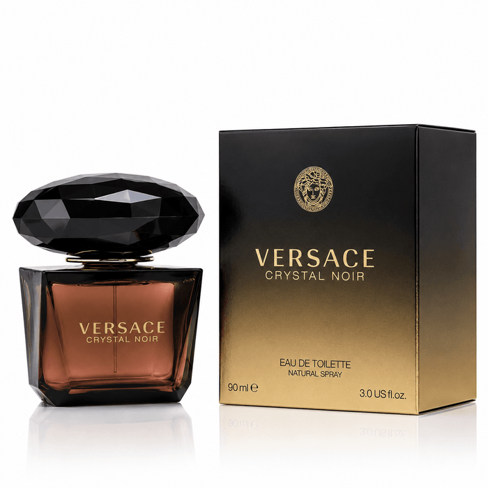 Versace Crystal Noir EDP Women fragrance in an amber glass bottle with a faceted black cap and black-to-gold box