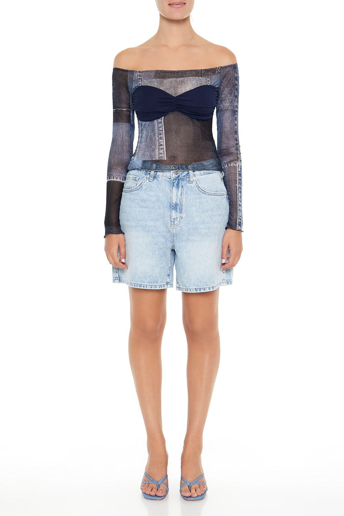 Denim Print Off-the-Shoulder Top