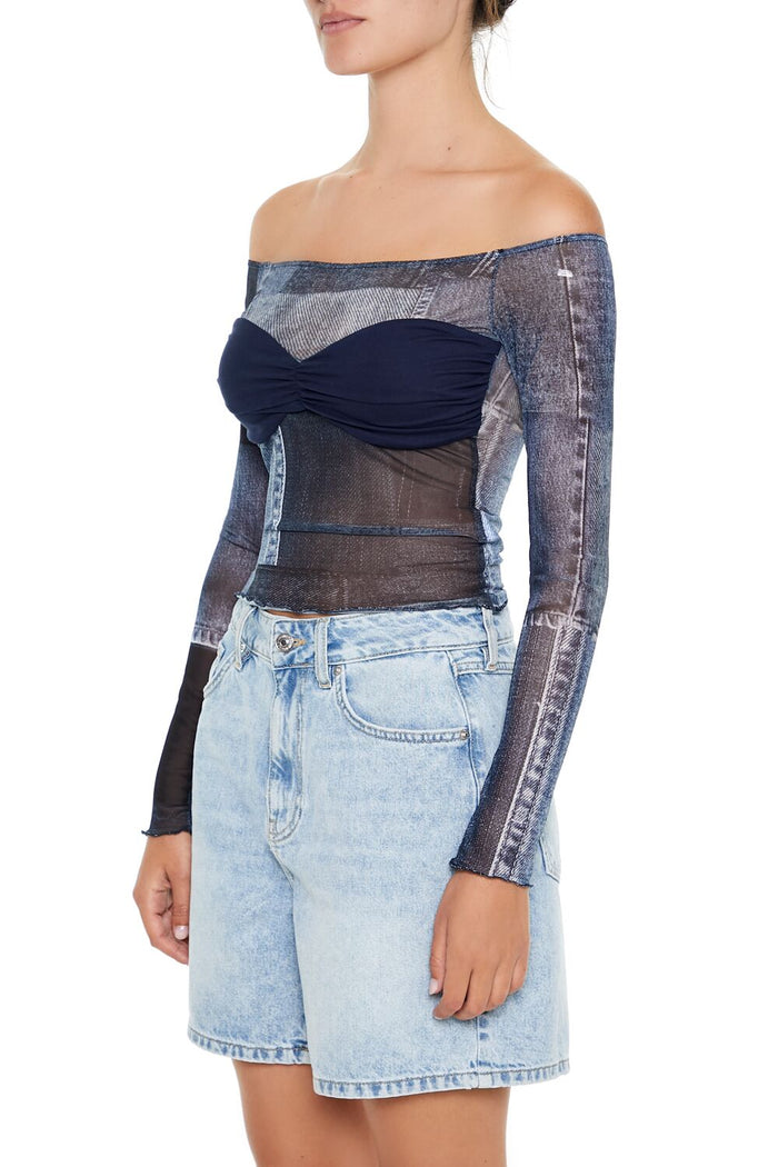 Denim Print Off-the-Shoulder Top