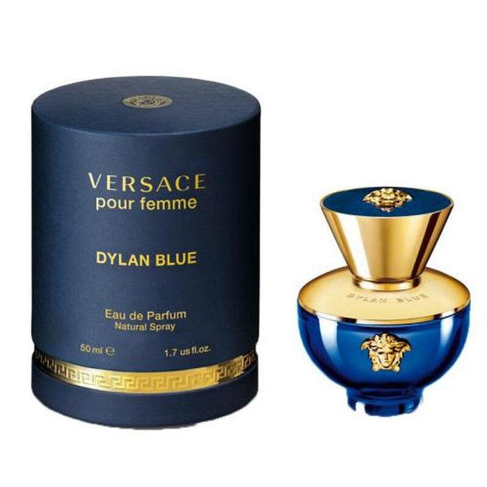 Versace Dylan Blue Pour Femme perfume in a blue and gold bottle with matching navy cylindrical box