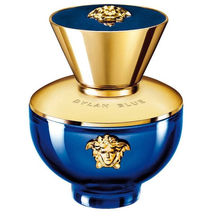 Versace Dylan Blue Pour Femme perfume bottle in glossy navy blue glass with gold accents and Medusa emblems