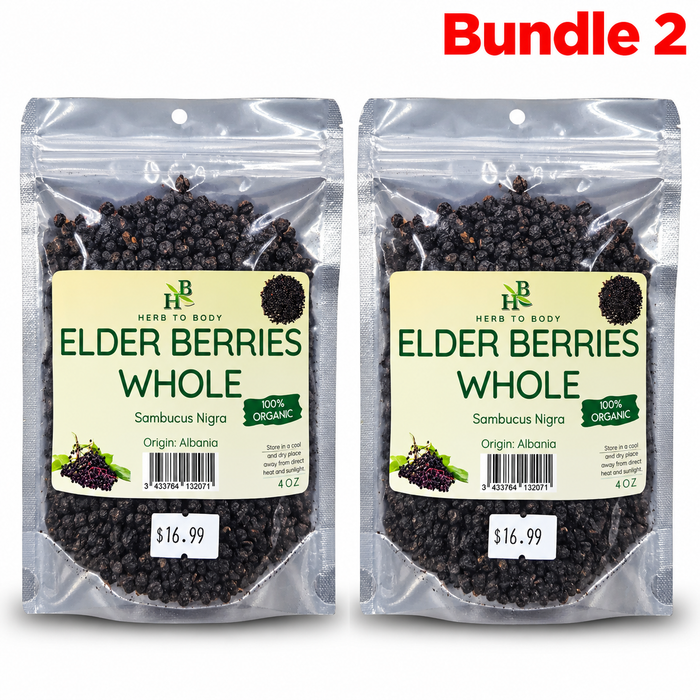 Organic Whole Elderberries in branded packaging, pure dried botanical berries ideal for preparing herbal teas, infusions, syrups, and traditional wellness recipes.