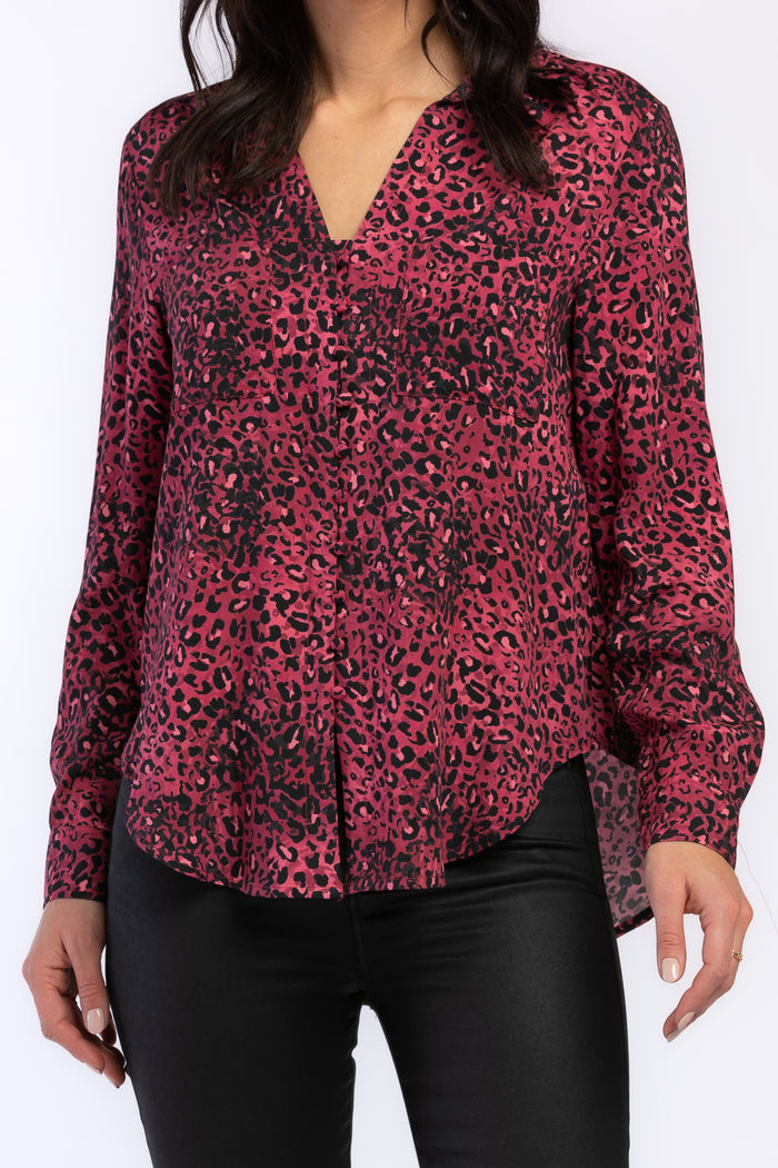 Eleni Long Sleeve Loop Button Down Closure Chest Patch Pockets Rounded Hem